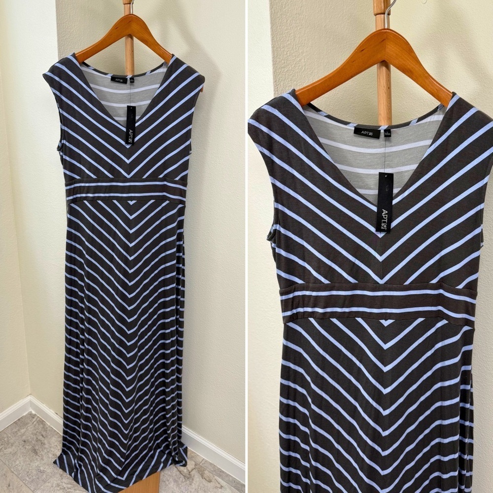 Apt. 9 NWT Gray & Blue Stripped V-Neck Maxi Dress Women’s Size Large